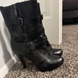 Y2K Boutique 9 Black Leather Multi-Buckle High Heel Boots, Size 8